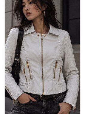 PRÜNE Women's Genuine Leather Moto Jacket White Gold Zippers Size L